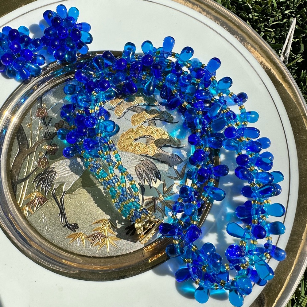Vintage CZECH element blue teardrop glass beads clips on earrings and necklace